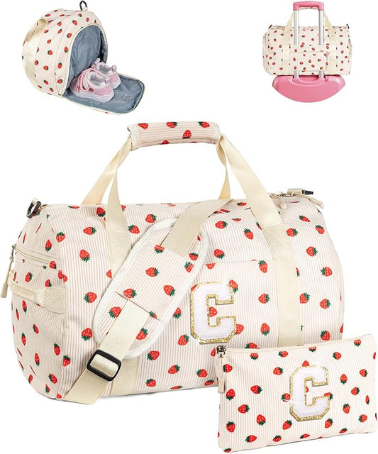 Overnight Trip Essential, Girls Gym Bag, Kids Personalized Weekend Duffel Bags with Shoe Compartment, Initial Travel Tote with Makeup Bag, Gift for Cheerleader Ballet Dance Girl (Letter C)