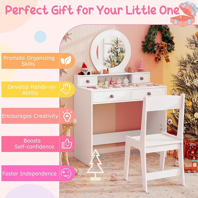 Costzon Kids Vanity, Princess Makeup Dressing Desk with Mirror and Stool, 4 Storage Drawers, Pretend Play Vanity Table and Chair Set for Little Girls (White)