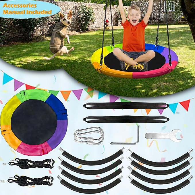 40" Saucer Tree Swing for Kids - 500Lb Weight Capacity, Waterproof Platform Swing Seat with Adjustable Ropes for Kids Playground Outdoor Activity Backyard Fun (Color)