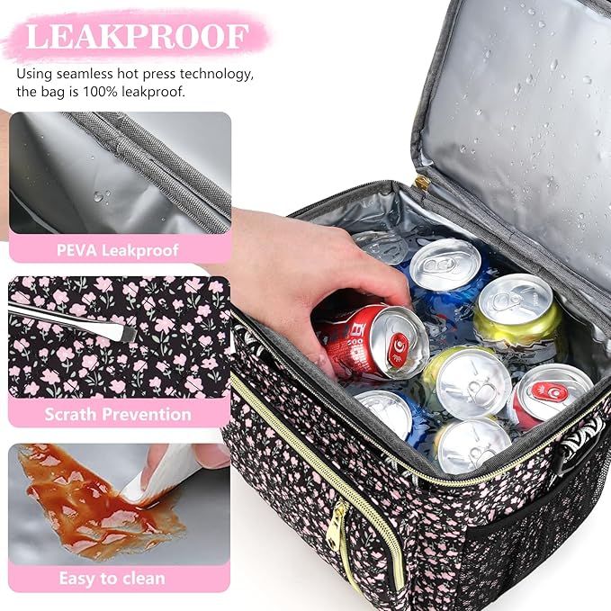 LOKASS Lunch Box for Women-16L-Insulated Lunch Bag Women, Expandable Double-layer Leakproof Cooler Bag with Upgrade Adjustable Shoulder Strap Ideal for Work/Travel/Picnics（Black Flower）