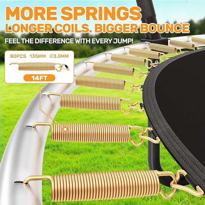 10FT 12FT 14FT 16FTOutdoor Recreational Trampoline with Enclosure Net, Bolt-Free Design Yard Trampoline with Wide Ladder and AntiRust Coating, 2 in 1 Connector for Kids Adults, ASTM Approval