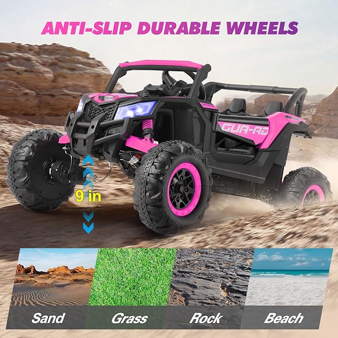 JOYLDIAS 4WD Ride On Car, 12V Battery Powered Electric Off-Road UTV for Kids, 4X4 Electric Vehicle W/4 Powerful Engines, 2.4G Remote Control, Music, Bluetooth, LED Lights for Boys and Girls, Pink