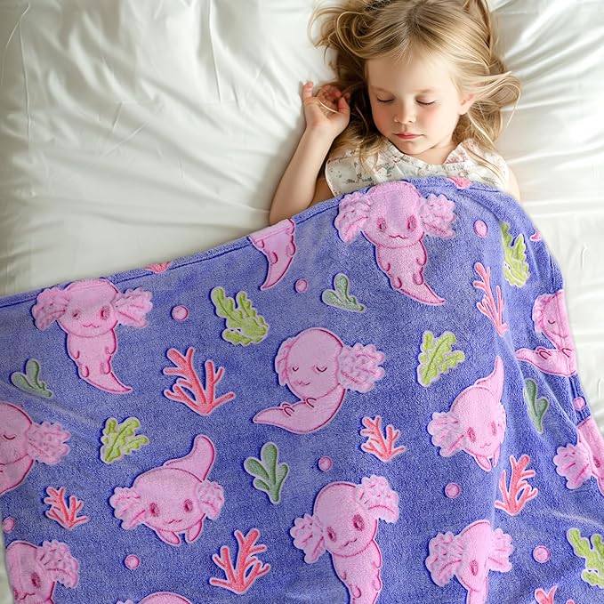 Axolotl Blanket Twin Size Glow in The Dark - Gifts for Teen Girls Boys & Axolotl Lovers - Soft & Cozy Microfiber Salamander Fleece Bedding, Decor for Couch, Sofa, Dorm Room & Bed 60"x80"