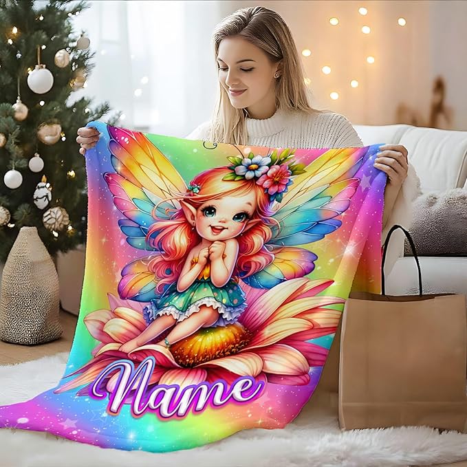 Girls Gifts Personalized Fairy Throw Blankets for Kids Teens Adults, 60x80 Inches Twin Size Soft Comfy Lightweight Fairy Accessories Blankets for Travel Camp Home Living Room