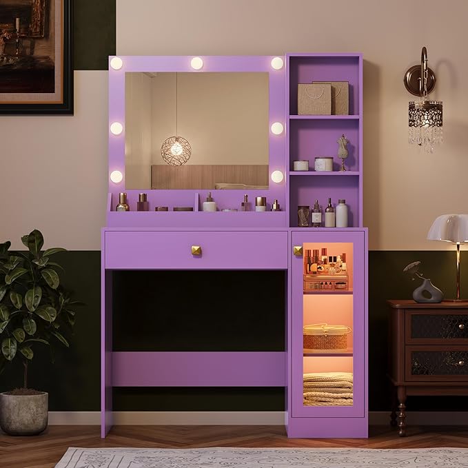 Makeup Vanity with Mirror and Lights & Power Outlet, 34'' Small Vanity Desk with Drawers and Storage Cabinet & Makeup Tray, Dressing Table for Girls Bedroom Dressing Room, Purple