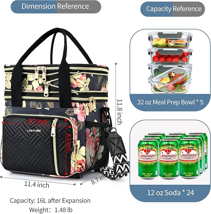 LOKASS Lunch Box & Lunch Bag for Women Men Double Deck, Large Insulated Adult Lunch Box Leakproof Lunchbox Cooler Bag for Work Picnic Beach,（Floral 16L）