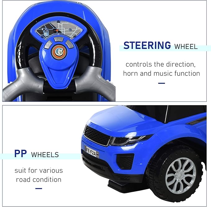 Aosom 2 in 1 Push Car for Toddlers - Kid Ride on Stroller with Horn, Music, Light Function, Secure Bar - Sliding Toy for Boys and Girls 1-3 Years Old, Blue