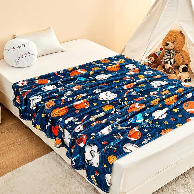 Wajade Sports Blanket for Boys,Soft Fleece 3D Soccer Basketball Baseball Football Kids Blanket for Couch Sofa Bedroom, Fuzzy Ball Throws for Kids Boys Teens,60"x80"
