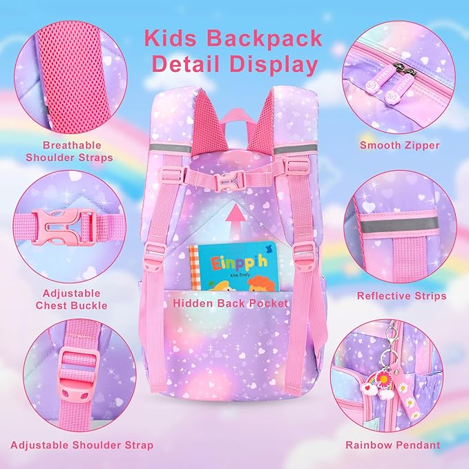 Girls Backpack Set 3 IN 1,Cute Rainbow Kids Backpack with Insulated Lunch Box Pen Case Set Student School Bag (Purple-3 piece set)