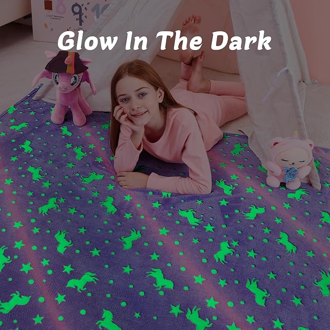 QSTEHEML Unicorns Glow in The Dark Blanket for Girls,Unicorn Gifts for Girls Age 3 4 5 6 7 8 9 10 11 12 Year Old, Soft Unicorns Purple Blanket - Christmas Birthday Bedroom Decor 50"×60"