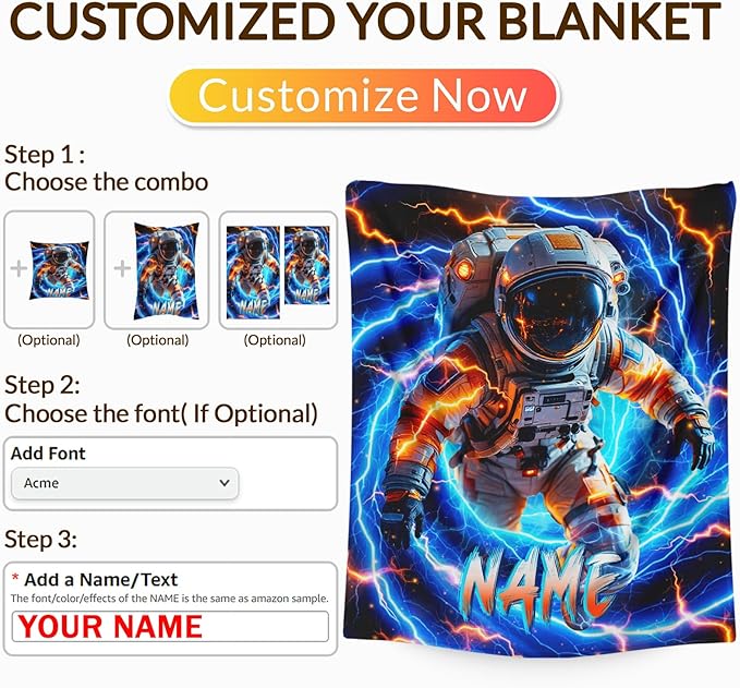 Personalized Astronaut Blanket for Boys Son, Throw Blankets with Custom Name for Kids Adults Astronaut Lovers 50x60 Inches Lightweight Soft Comfy Throw for Sofa Couch Bed Trip
