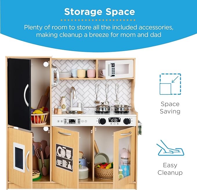 Best Choice Products Pretend Play Kitchen Wooden Toy Set for Kids w/Realistic Design, Telephone, Utensils, Oven, Microwave, Sink - Natural