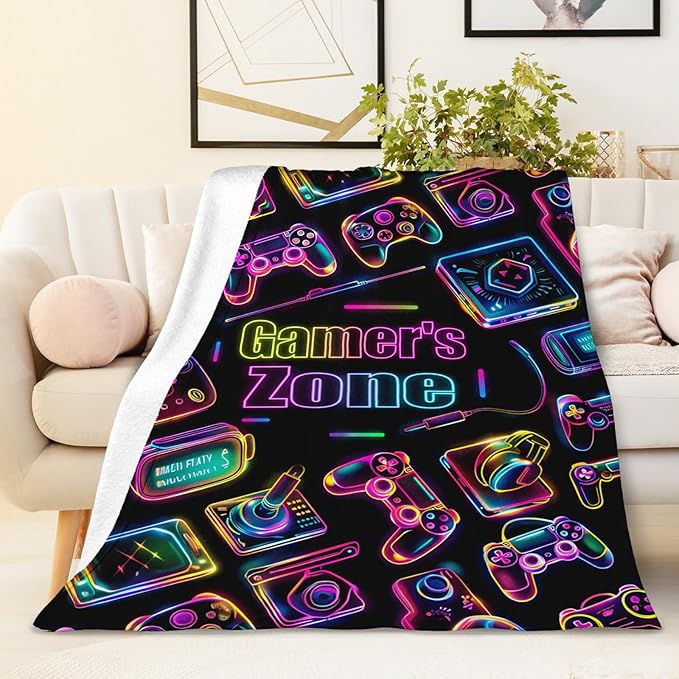 Kids Blanket - 50x40 Inches Small Gaming Blankets for Kids, Teens - Black Soft Cozy Accessories Gift Ideas for Couch, Sofa - Gamer Pattern Print Throws Gifts for Gaming Lovers