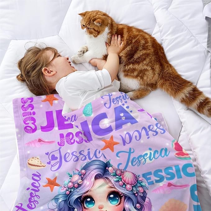 Custom Girl Blanket with Name Personalized Cute Mermaid Blanket for Newborn Customized Soft Flannel Throw Blanket Memorial Gift for Toddler on Birthday Baby Shower Christmas