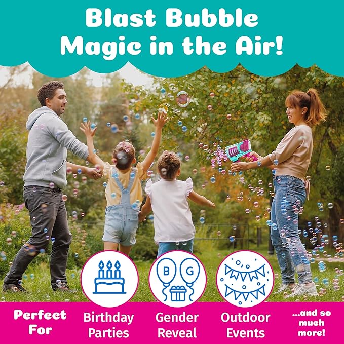 WOWMAZING PoppinColorz Cozmic Light-Up Color Bubbles Blaster with 1 Pink, 1 Blue and 2 Clear Bubble Solutions Made in The USA - No Dipping Necessary - Easy Click Trigger for Small Hands