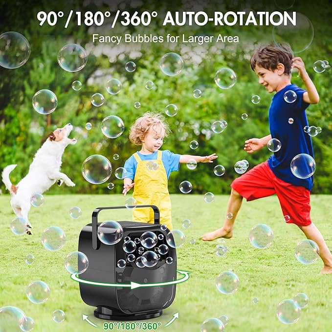 KIDWILL Rechargeable Bubble Machine, Automatic Bubble Blower - 5,000mAh Power, 90°/180°/360° Auto Rotation, 3 Speeds - Bubble Maker Toy for Toddler, Kids, Pets, Parties Indoor Outdoor