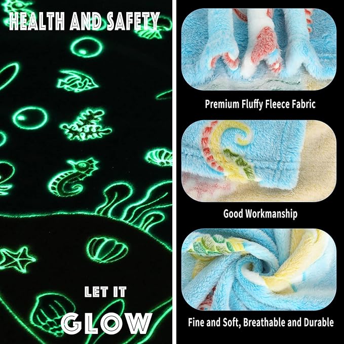 Wesan Glow in The Dark Blanket Ocean Fish Theme Gifts Kids Boys Teen Present Throw Adults Teenage Boys Room Decor Bedroom Camping Soft Cozy Plush Blanket Black 50"x60"