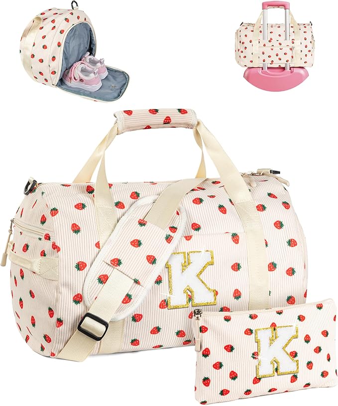Teen Girl Gifts Trendy Stuff, Girls Gym Bag, Kids Personalized Weekend Duffel Bags with Shoe Compartment, Initial Travel Tote with Makeup Bag, Birthday Gift for Grandkids (Letter K)