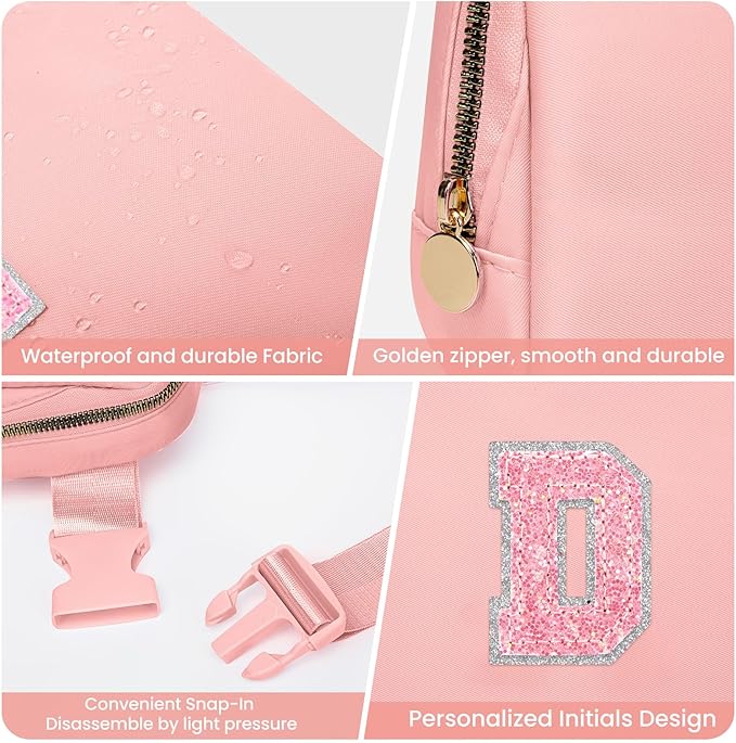 Belt Bag Fanny Pack Crossbody Bags with Initials Letter Patch, Cute Stuff Birthday Gifts for Teenager Girls Trendy Stuff, Graduation Gift idea for Girls 6 7 8 9 10 11 12 13 14 Year Old (Peach, D)