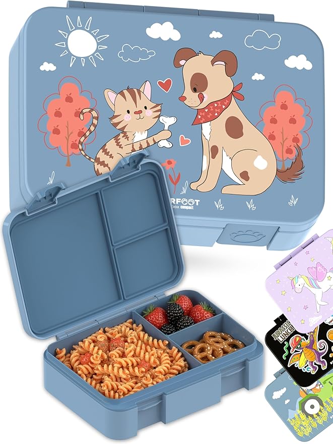 BEARFOOT Kids Lunch Box with Compartments – Compact & Lightweight | Leak-Proof, BPA-Free, Dishwasher & Microwave Safe | Hand-Drawn Design for Preschool, School, Travel (Dog & Cat Blue, 4 Cups)