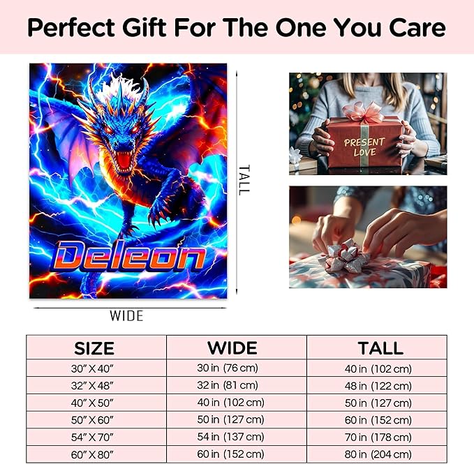 Custom Dragon Blanket with Name Personalized Lightning Throw Blanket for Boys Toddlers Gifts for Couch Sofa Bed Decor(Boy-02)