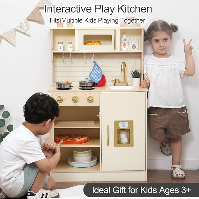 Wooden Play Kitchen for Kids with Ice Maker & 17 Accessories, Toddler Toy Kitchen with Sink, Oven, Stovetop, Microwave, Educational Kitchen Playset Gift for Toddlers Boys Girls Ages 3 to 8