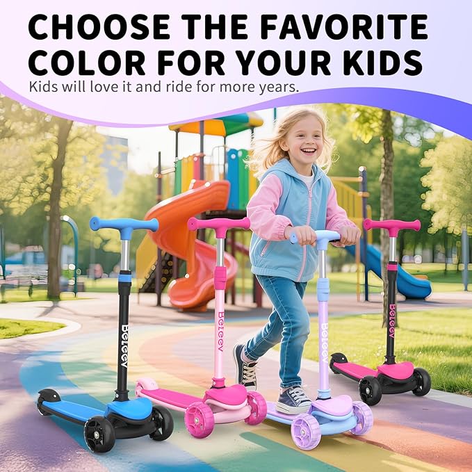 BELEEV A8 Scooter for Kids Ages 3-12, 3 Wheel Folding Scooter for Toddlers Girls Boys, LED Light-Up Wheels, 4 Adjustable Height, Lean to Steer, Extra Wide Wheels, Three Wheel Kick Scooter for Children