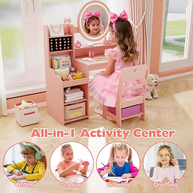 HONEY JOY Kids Vanity with Lights, Wooden Princess Makeup Dressing Vanity Desk with Jewelry Storage, Open Shelves, 2 in 1 Toddler Vanity Table & Chair Set with Lighted Mirror for Little Girls(Pink)