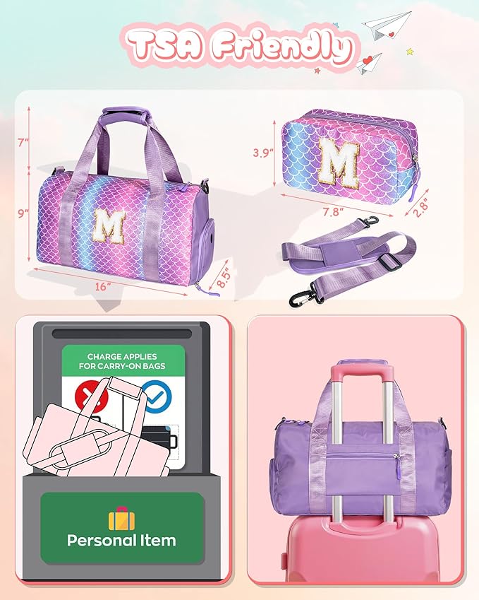 TrendyGifts for Girls-Girl Gym Bag with Shoe Compartment, Kid Personalized Weekender Overnight Bags, Initial Travel Tote with Makeup Pouch, Gift Ideas for Niece Sister (Letter O)