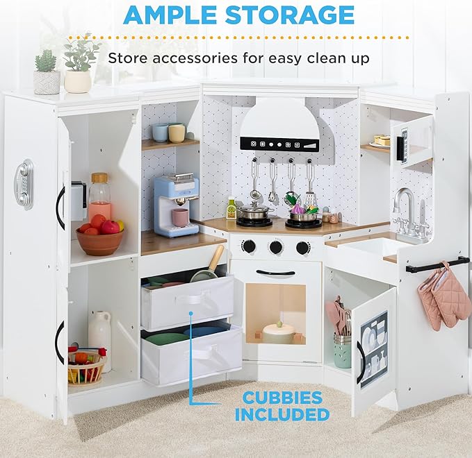 Best Choice Products Pretend Play Corner Kitchen, Ultimate Interactive Wooden Kids Playset w/Lights & Sounds, Ice Maker, Hood - Farmhouse White