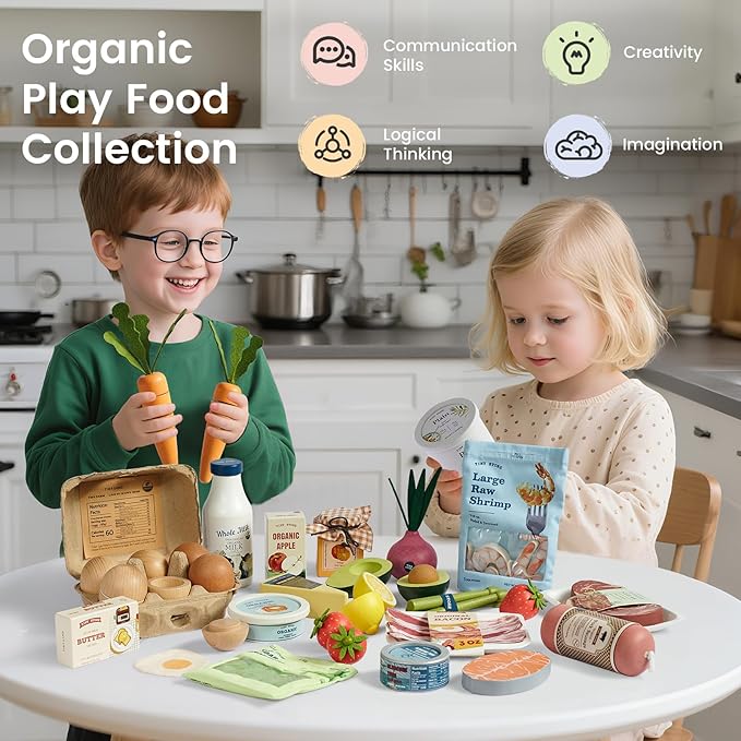 Tiny Land Organic Wooden Vegetable & Fruit Play Set – 7PCS Pretend Food for Kids, Montessori Kitchen Toy for Toddlers, Role Play Grocery Gift