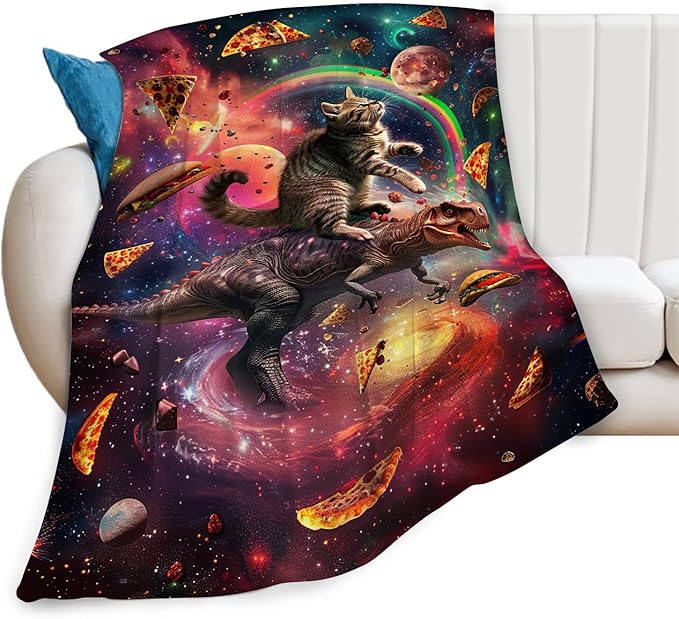 Dinosaur Cat Throw Blanket Funny Hamburger Pizza Dinosaur Cat Stuff Gifts for Kids Girls Boys Adults Women Man Soft Cozy Warm Plush Fluffy Fuzzy Fleece Blanket Decorr 60''X80''