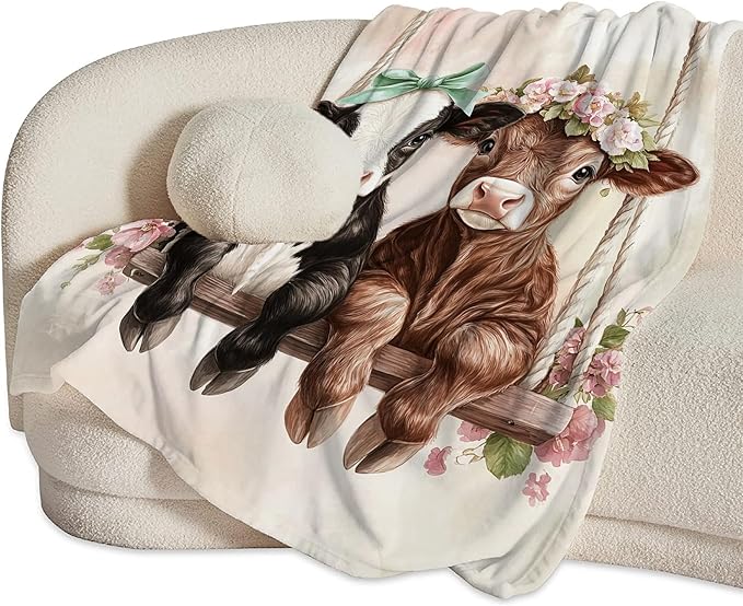 Cute Ultra Soft Cozy Swing Blanket - Fleece Fuzzy Plush Cattle Cow Lovers Decor Gifts for Women Girls Adults - 80"x60"