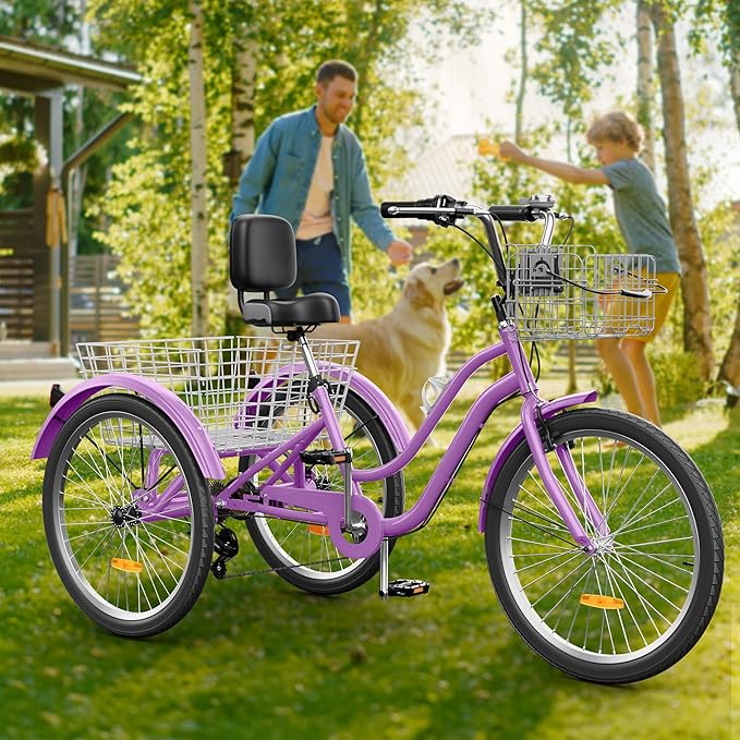 YITAHOME 24 & 26 Inch Adult Tricycle, 1 & 7 Speed 3 Wheel Bikes, Large Seat with Backrest Trike for Adults with Front & Rear Baskets, Cruiser Bike for Seniors Women Men Commute Picnic Outdoor