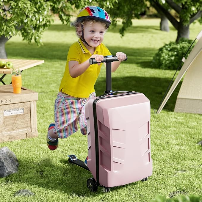 Scooter Suitcase 3-D Hardshell Ride Scooter Luggage for Kids Age 7-15, Cute Lightweight Kids Luggage with Wheels, Multifunctional Ride On Travel Trolley Scooter Combo-PINK, Girls Boys Suitcase