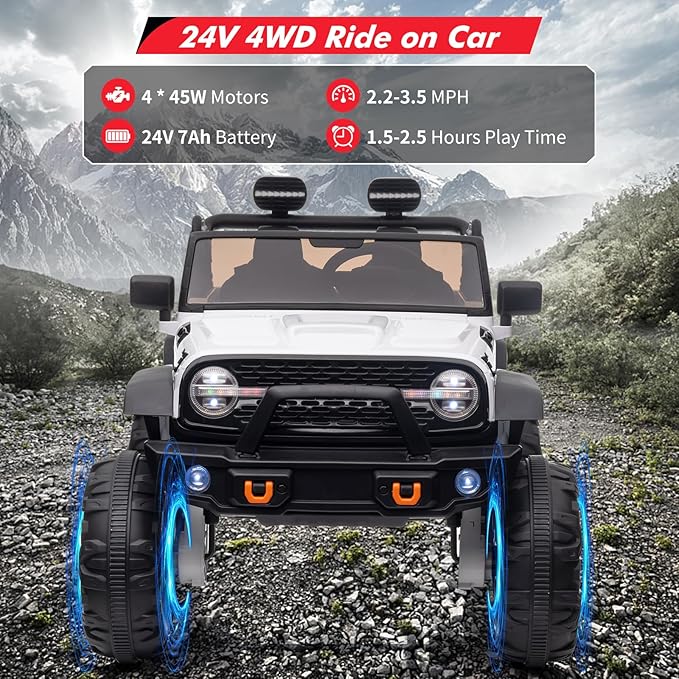 2 Seats 24V Kids Ride on Truck with Remote Control, Battery Powered Electric Ride Car Toy for 3-8 Years, 4 Motors,20" Seat Width for 2 Seaters, LED Light,Music,High/Low Speeds,Shovel, USB (White)