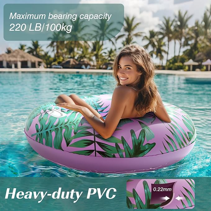 HeySplash Pool Tubes for Adult, 42 Inch Large Pool Floats with Handles, Inflatable Swim Rings Lounge, Hawaii Fun Swim Floaties Swimming Pool Beach Lake River Party Decoration Toys, Pink+Green Leaves