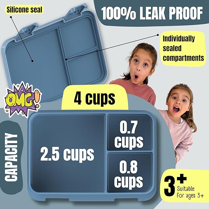 BEARFOOT Kids Lunch Box with Compartments – Compact & Lightweight | Leak-Proof, BPA-Free, Dishwasher & Microwave Safe | Hand-Drawn Design for Preschool, School, Travel (Tractor Fox Blue, 4 Cups)