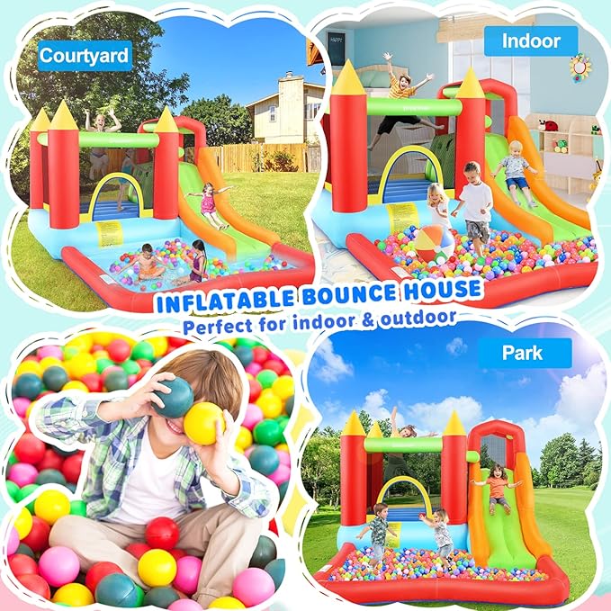 Inflatable Bounce House, Kids Bouncy House Slide with Blower, Long Slide, Fun Pool/Ball Pit, Climbing Wall, Basketball Rim, Outdoor Backyard Jumping Castle Bounce House for Kids 3-10 Years