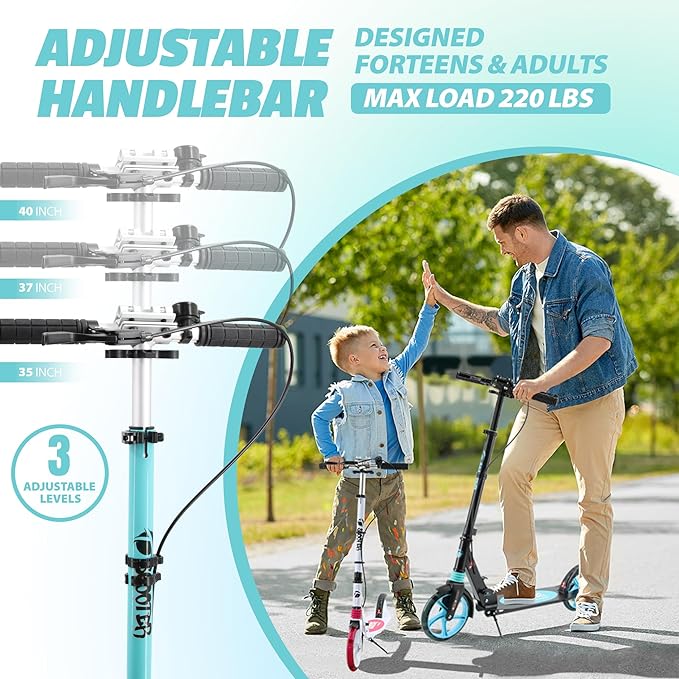 Scooter for Kids Ages 8+ Teens & Adults, Lightweight Kick Scooter with Carry Strap Adjustable Height Equipped with Front handbrake and Rear Brake, Big Sturdy PU Flash Wheels