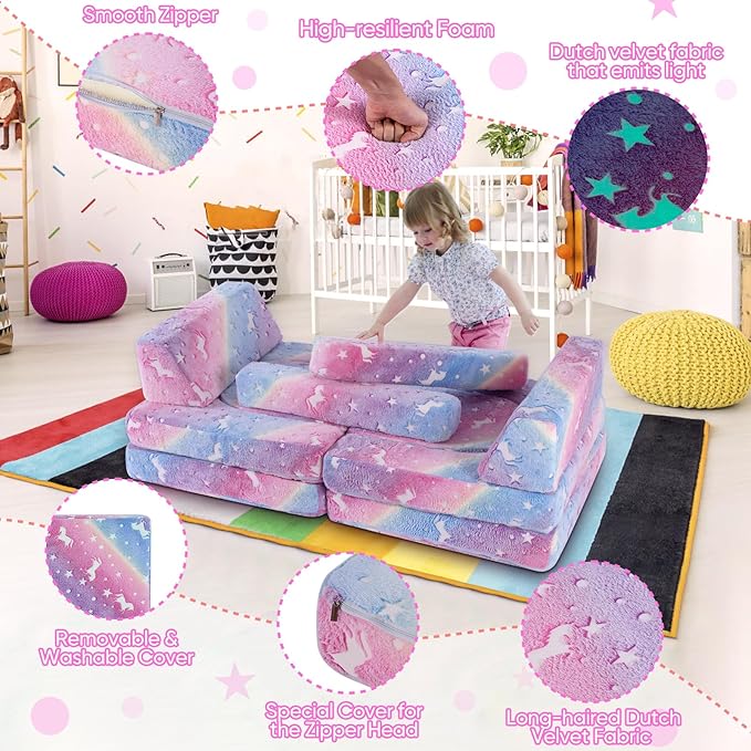 13 PCS Kids Play Couch, Modular Glowing Kids Toddler Couches, Kid Play Couch Sofa for Playroom and Bedroom (Rainbow)