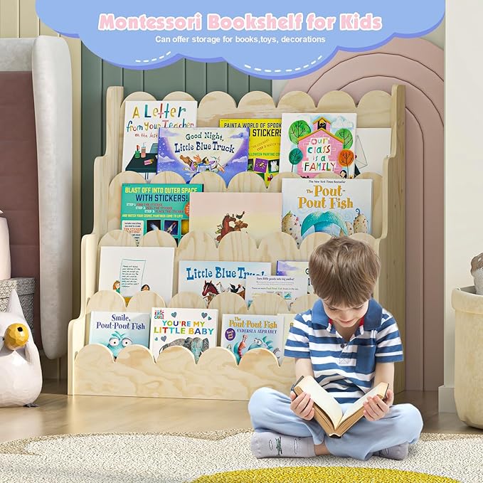 NACHES Wood Kids Bookshelf Scalloped Montessori Toddler Nursery Bookcase Baby Book Magazine Display Shelf 4 Tier Front Facing Children Book Rack Toy Organizer Girl Boy Bedroom Classroom Playroom