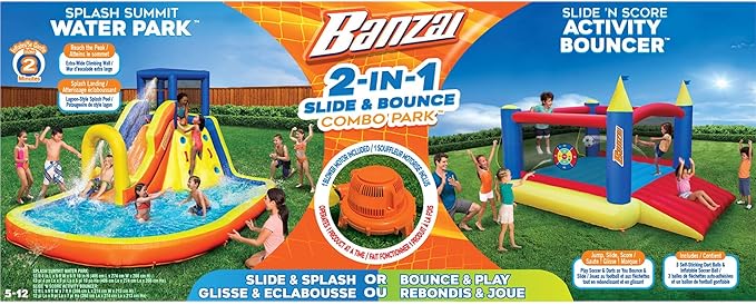 BANZAI Inflatable 13' Water Slide Park Plus 12' Bounce House 2 for 1 Value Pack w Free Air Blower- Inflates in Under 2min- Heavy Duty Kids Adventure Park Pool with Sprinkler 12’x9 XL Bouncy Castle