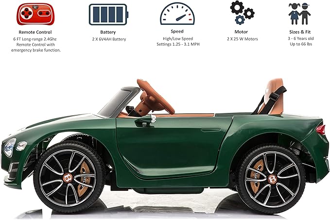 Licensed Bentley EXP12 Kids Ride on Toy Car, 12V Battery Powered Children Electric 4 Wheels w/ Parent Remote Control, Foot Pedal, 2 Speeds, Music, Aux, LED Headlights (Green)
