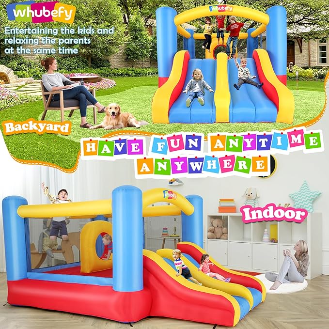 Whubefy Bounce House for Kids 3-10, 12.6FTx9FT Inflatable Bounce House with Blower for Big Kids 3-6 with Double Slide Obstacle, Indoor Outdoor Blow up Bouncy Castle Jump House for Family Backyard Fun