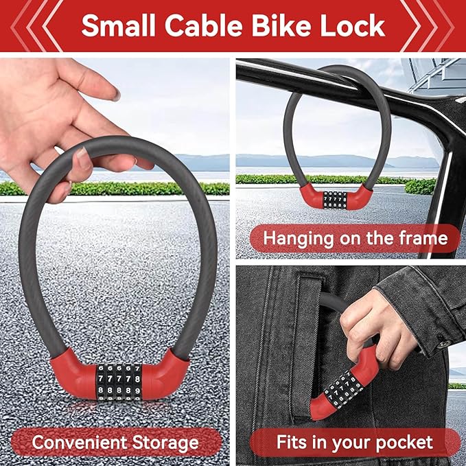 5 Digit Combination Bike Cable Lock, Lightweight Bicycle Lock Anti Theft Resettable Combination Portable Bicycle Cable Locks for Bike, 22inch, Red