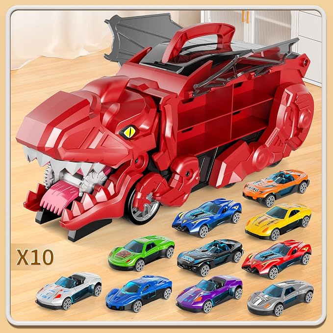 Toddler Truck Toys for 3 4 5 6 Years Old Boys, Toys Cars Track Set Dinosaur Transporter Truck with 10 Die-Cast Car Toys, Transforms into Dino, Toddler Car Toys Set for Kids Boys Girls