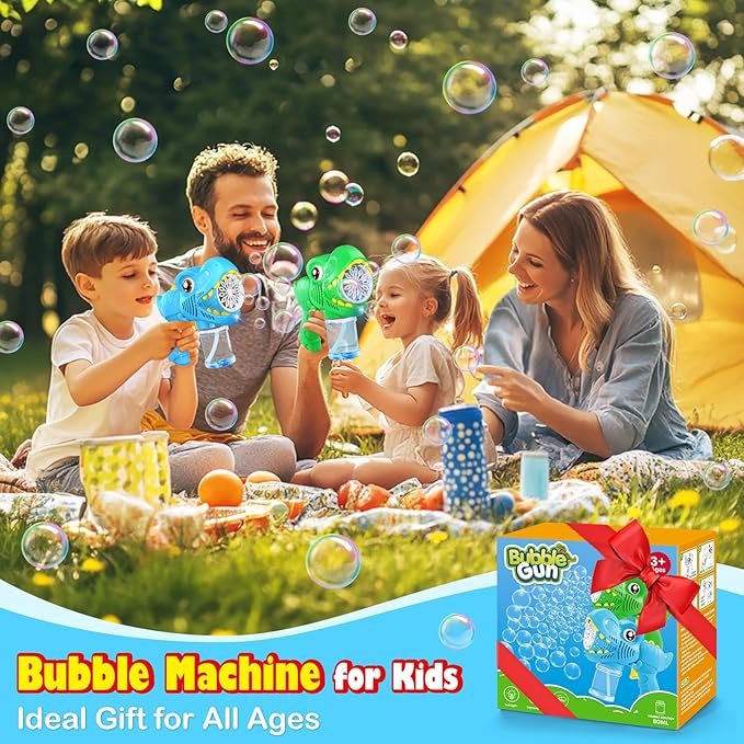 Kids Bubble Gun 2 Pack Dino Bubble Machine Gun for Toddlers with 4 Solutions Automatic 13-Hole Bubbles for Kids Blower Maker Easter Basket Essentials Stocking Stuffers Gift Party Favors for Boys Girls