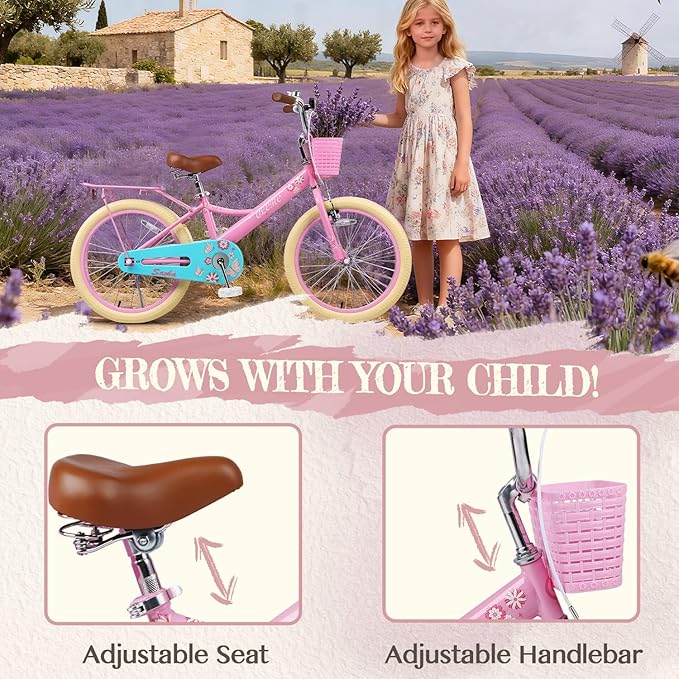 Glerc Sasha Girls Bike, 12-20 Inch Kids Bike for Children Ages 2-13 Years, Kids Bicycle with Doll-Seat & Basket & Training Wheels, Multiple Colors