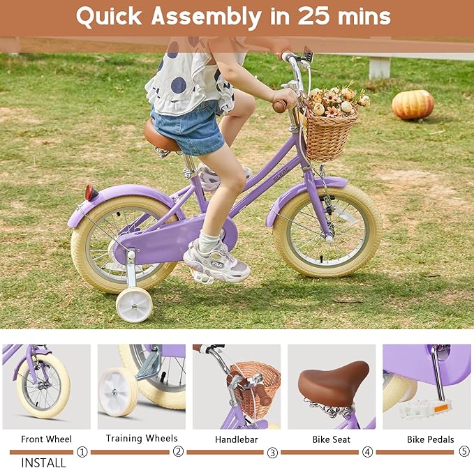 Glerc Little Molly 12-20 Inch Kids Retro Cruiser Bike for 2-13 Year Old with Wicker Basket & Training Wheels/Kickstand, Multiple Colors